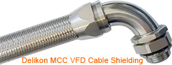 Delikon EMI RFI Shielding Heavy Series Over Braided Flexible Conduit and EMI RFI Shielding Termination Heavy Series Connector are designed and manufactured for use in demanding applications in markets such as metal steel, pulp and paper, mining and metals, utility, chemical, oil and gas, mass production manufacturing, and water and wastewater, shielding and protecting Motor Control Center MCC cables, VFD cables and automation cables.